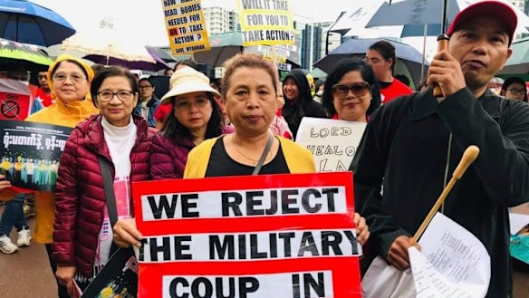 The Myanmar community protests at Parliament House in Parth on March 1.