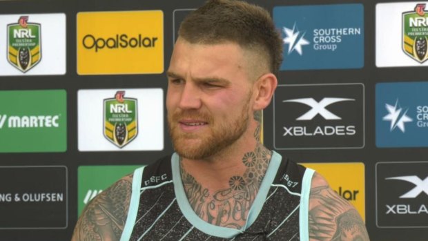 Emotional: Josh Dugan holds back tears during a press conference on Tuesday.