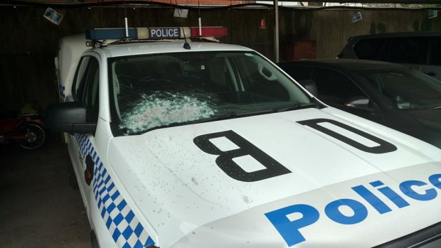 A police vehicle, which was allegedly hit by gunfire during an incident in Queanbeyan on Saturday morning.