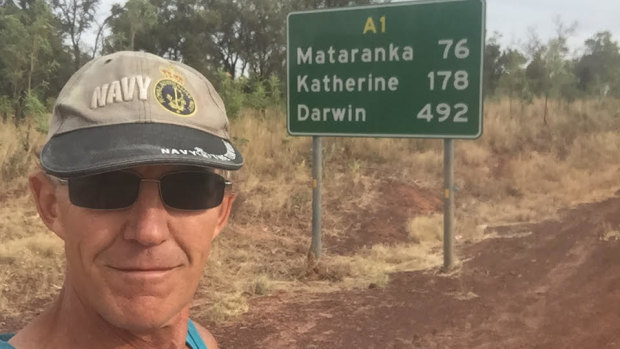 It's a sign: Andre Jones in the Northern Territory during his 2017 Melbourne to Darwin run.