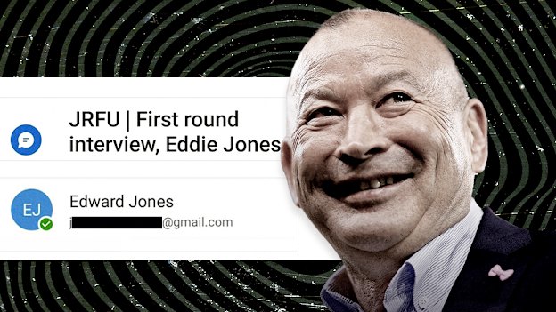 Screenshots show the JRFU’s Zoom meeting room titled ‘First round interview, Eddie Jones’, and the personal email address from which Jones accepted the invitation.