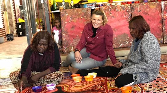 French-Swiss philanthropist and art collector Bérengère Primat visiting artists in the APY Lands in 2021.