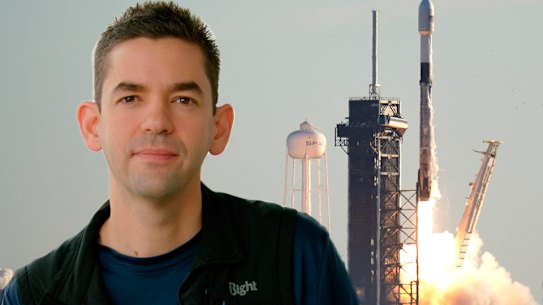 Composite image of Jared Isaacman and his space launch. 