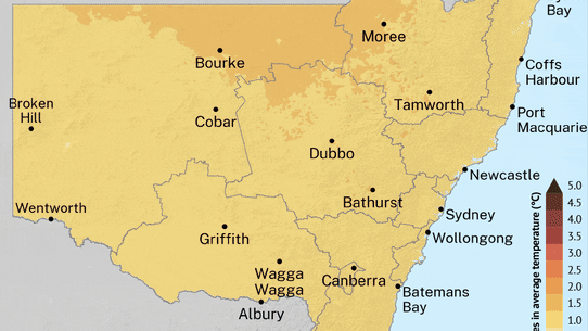 Projected change in average temperature by 2090 for NSW.