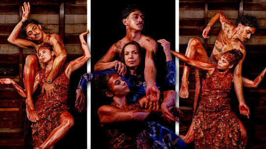 Bangarra dancers Daniel Mateo and Kassidy Waters with artistic director Frances Rings.