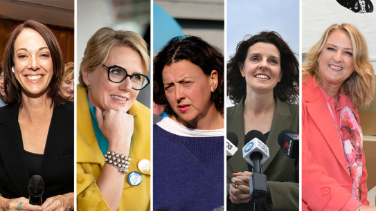 A strong field of female “teal independents, including (l-r) Sophie Scamps, Zoe Daniel, Monique Ryan, Allegra Spender and Kylea Tink, were the resounding victors on Saturday night.