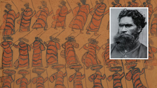 The art work Corroboree and (inset) its creator William Barak.