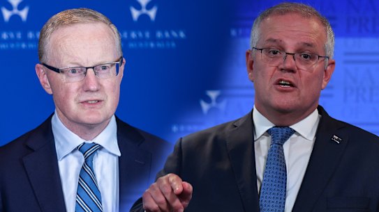 RBA governor Philip Lowe, left, and PM Scott Morrison. There is now a tension between the policy objective of the Morrison government and the policy commitments of the RBA.