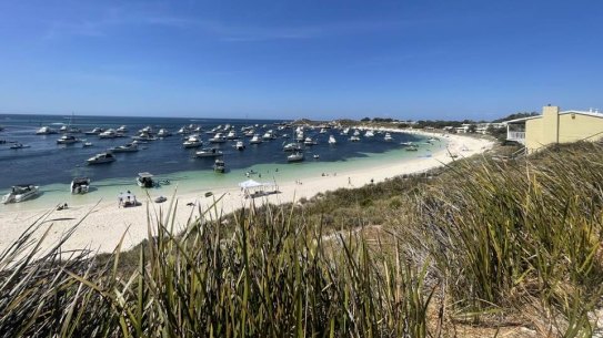 Boats mooring at Rottnest on a busy summer day.