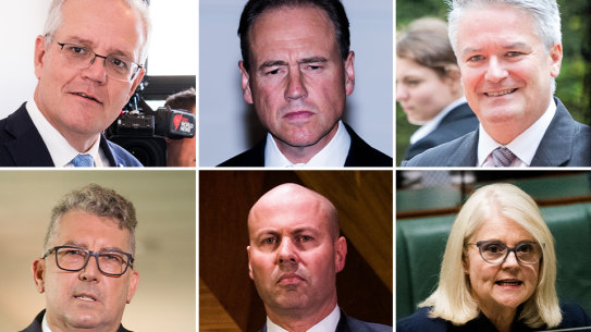 From top left: Scott Morrison assumed joint responsibility for portfolios held by Greg Hunt, Mathias Cormann, as well as (from bottom left) Keith Pitt, Josh Frydenberg and Karen Andrews.