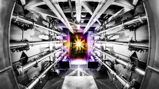 The inside of the Livermore National Ignition Facility’s preamplifier support structure for its laser technology.