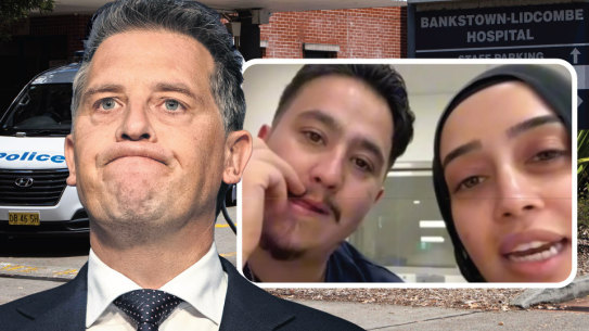 NSW Health Minister Ryan Park and (right) nurses Ahmad Rashad Nadir and Sarah Abu Lebdeh who have been stood down after video emerged of them making antisemitic comments.