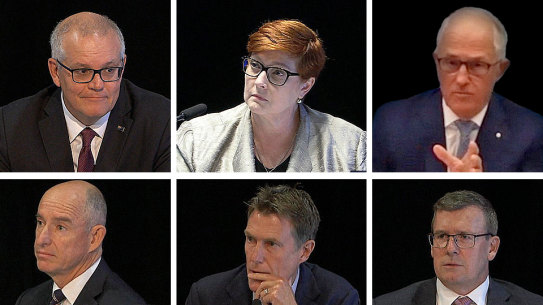 The royal commission into the robo-debt scheme featured a line-up of former Liberal frontbenchers (clockwise from top left): Scott Morrison, Marise Payne, Malcolm Turnbull, Alan Tudge, Christian Porter and Stuart Robert.