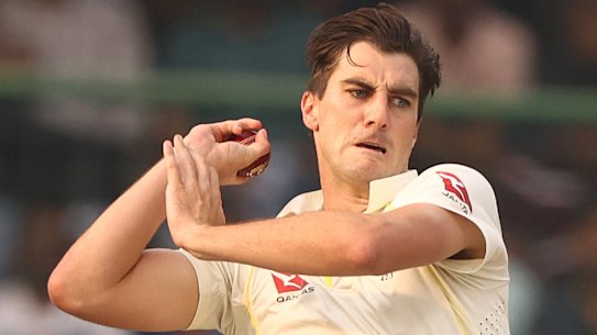 Pat Cummins in action against India in Delhi earlier this year.