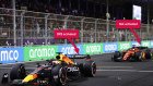 Max Verstappen for Red Bull (DRS on as seen by rear wing being open) leads Charles Leclerc for Ferrari (DRS off) during the F1 Grand Prix of Saudi Arabia in March.