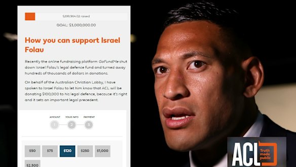 The Australian Christian Lobby is facilitating Israel Folau's fundraising efforts.