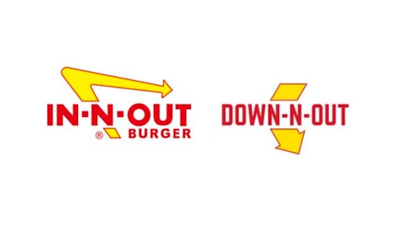 A composite image of US fast food outlet In-N-Out Burger's logo and an early version of the Australian Down N' Out logo.