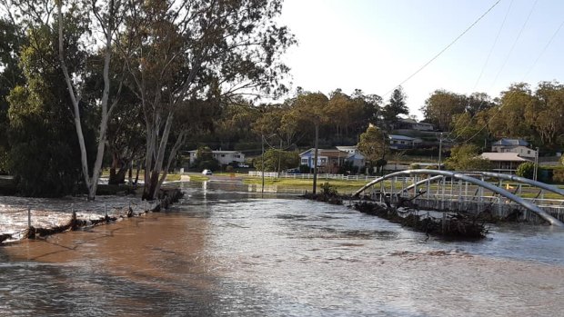 Floodwaters at Warwick on Sunday afternoon following a day of torrential rain for the region and other parts of southern Queensland.