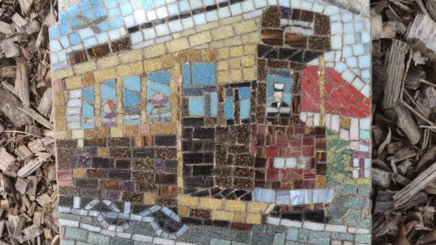 A mosaic in the park featuring the trams of Brisbane's past.