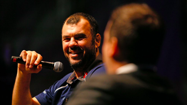 Good chat: Michael Cheika and Dave Wessels shoot the breeze at the Melbourne Rebels lunch.