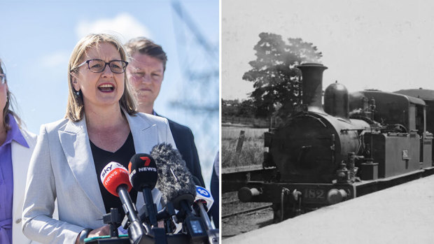 Transport infrastructure Minister Jacinta Alan and the “Deepdene Dasher” in 1926 at Deepdene station, part of the original Outer Circle Line.