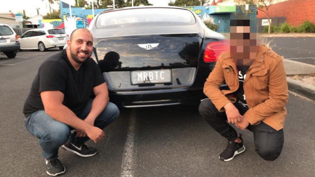 Auscoin founder Sam Karagiozis poses for a photo with a Bentley with personalised number plates reading MRBTC. 