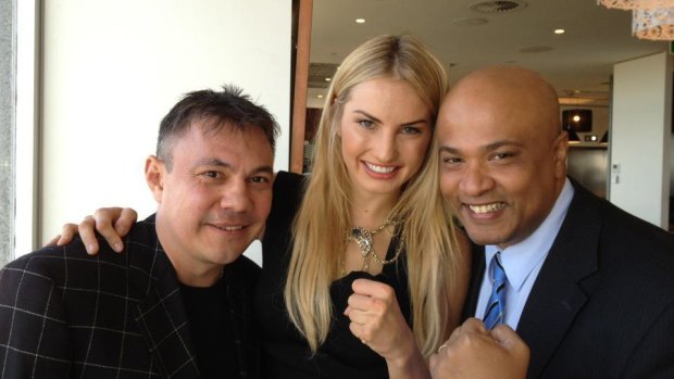 Mr Vamadevan, right, with boxer and water skiier Lauryn Eagle, and ex-boxer Kostya Tszyu. 