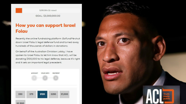 The Australian Christian Lobby is facilitating Israel Folau's fundraising efforts.