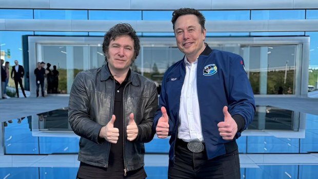 Argentinian President Xavier Milei with Tesla boss Elon Musk at Tesla’s gigafactory in Texas in April.
