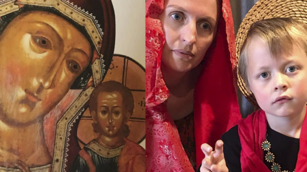 Karen Vincent is recreating famous art at home. In this picture, Vincent and her son Tobey form Our Lady of Kazan, 17th Century.