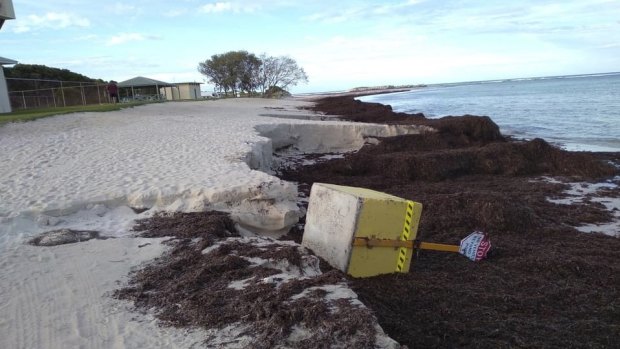 The first storm of autumn this year washed away a sign urging caution on the Lancelin beachfront. 