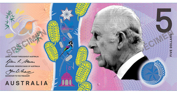 A mock-up of what a $5 note featuring King Charles III could look like.