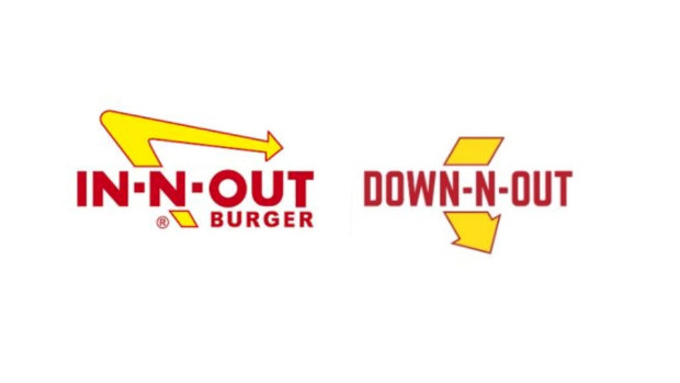A composite image of US fast food outlet In-N-Out Burger's logo and an early version of the Australian Down N' Out logo.