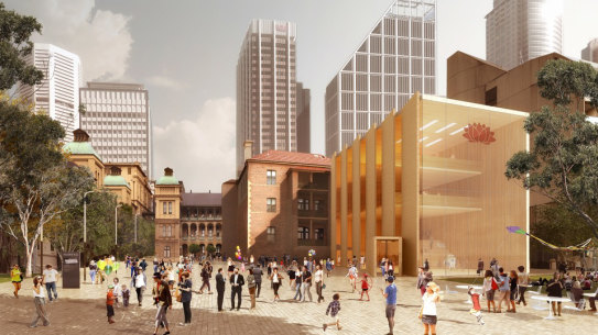 Artist impression of a revitalised Macquarie Street precinct which includes The Domain as envisaged by  McGregor Coxall.