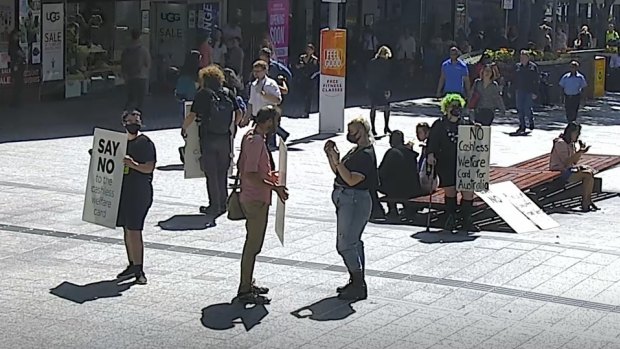 Cr Sri’s five-person protest in Queen Street Mall on September 25, 2020, as captured by mall security cameras.