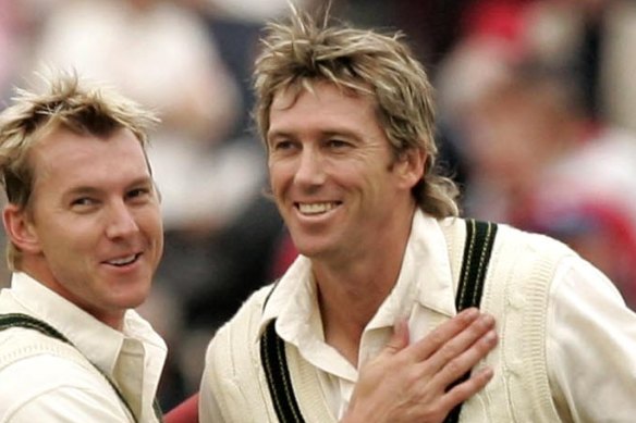 Glenn McGrath in his playing days at Old Trafford, pictured with fellow paceman Brett Lee (left). 