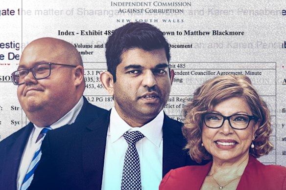 Former Strathfield mayor Matthew Blackmore, former councillor Sharangan Maheswaran, and current councillor Karen Pensabene.