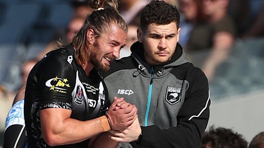 A shattered Kieran Foran leaves the field after only six minutes of the Test against Great Britain on Saturday.
