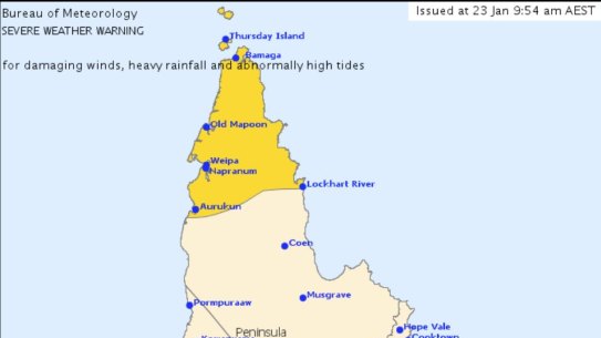 The Bureau of Meteorology released a severe weather warning on January 23, expecting fdamaging winds, heavy rainfall anf abnormally high tides for parts of the Peninsula forecast district in far north Queensland.
