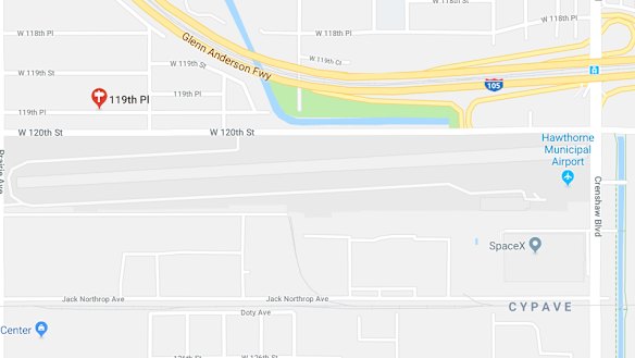 A map of Hawthorne showing West 119th Place and its proximity to Hawthorne Municipal Airport and SpaceX headquarters.