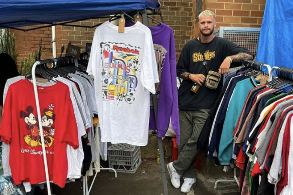 Swan Peter Ladhams at his Glebe Markets t-shirt stall.