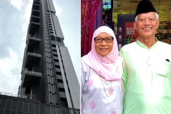The late Nasiari Sunee with his wife, Madam Manisah, and the apartment block where he was killed while gathering for a barbecue.