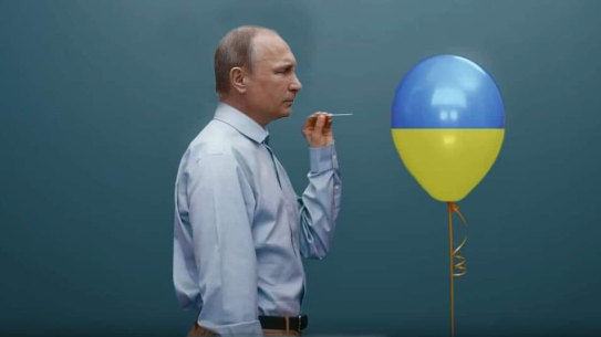 A Twitter image of Vladimir Putin about to burst a balloon in Ukrainian colours ... but is it Putin’s own balloon that will be burst?