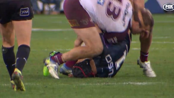 Jahrome Hughes landed awkwardly in the tackle by Jake Trbojevic.