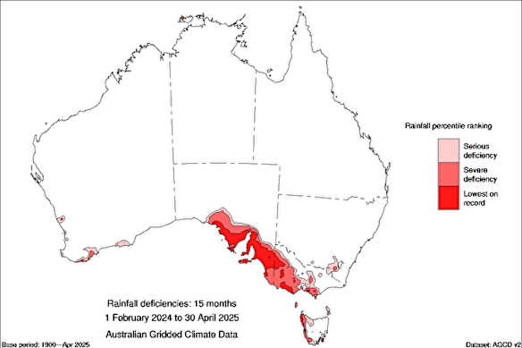 Areas across South Australia, Victoria and Tasmania starved of rain for the past year and a half.