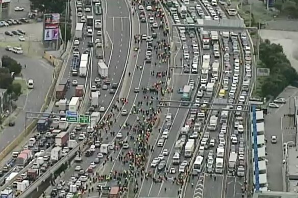 Aerial footage of the protesters approaching the West Gate Bridge on Monday.