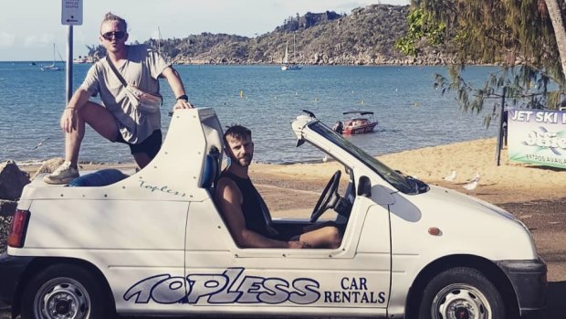 Shark attack victims Alistair Raddon (left) and Danny Maggs (right) pictured on Magnetic Island on Monday.