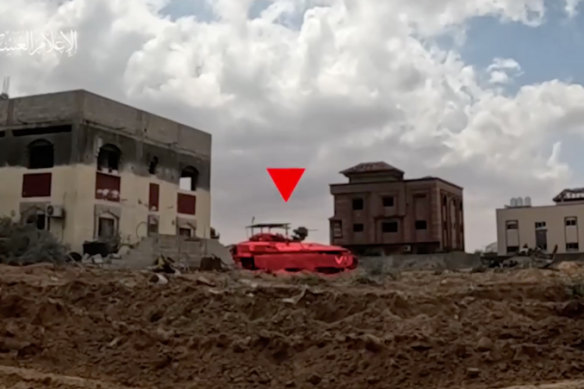 The inverted red triangle was first used by Hamas’ Al-Qassam brigades to identify Israeli targets.