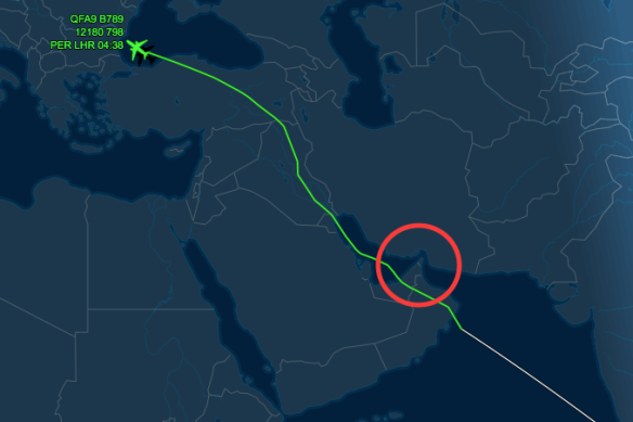 A Qantas flight en route from Perth to London on July 26 steers clear of the Strait of Hormuz.  