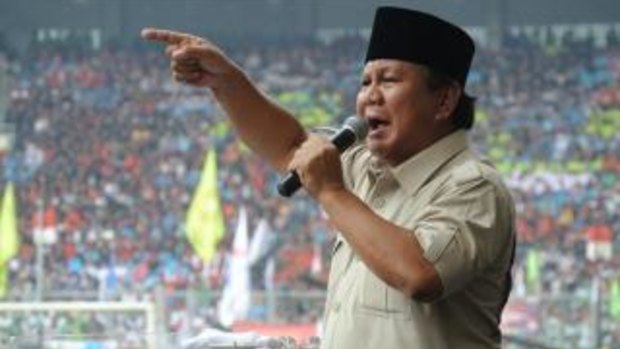 Former general Prabowo Subianto addresses a rally in Jakarta during the 2014 presidential campaign.